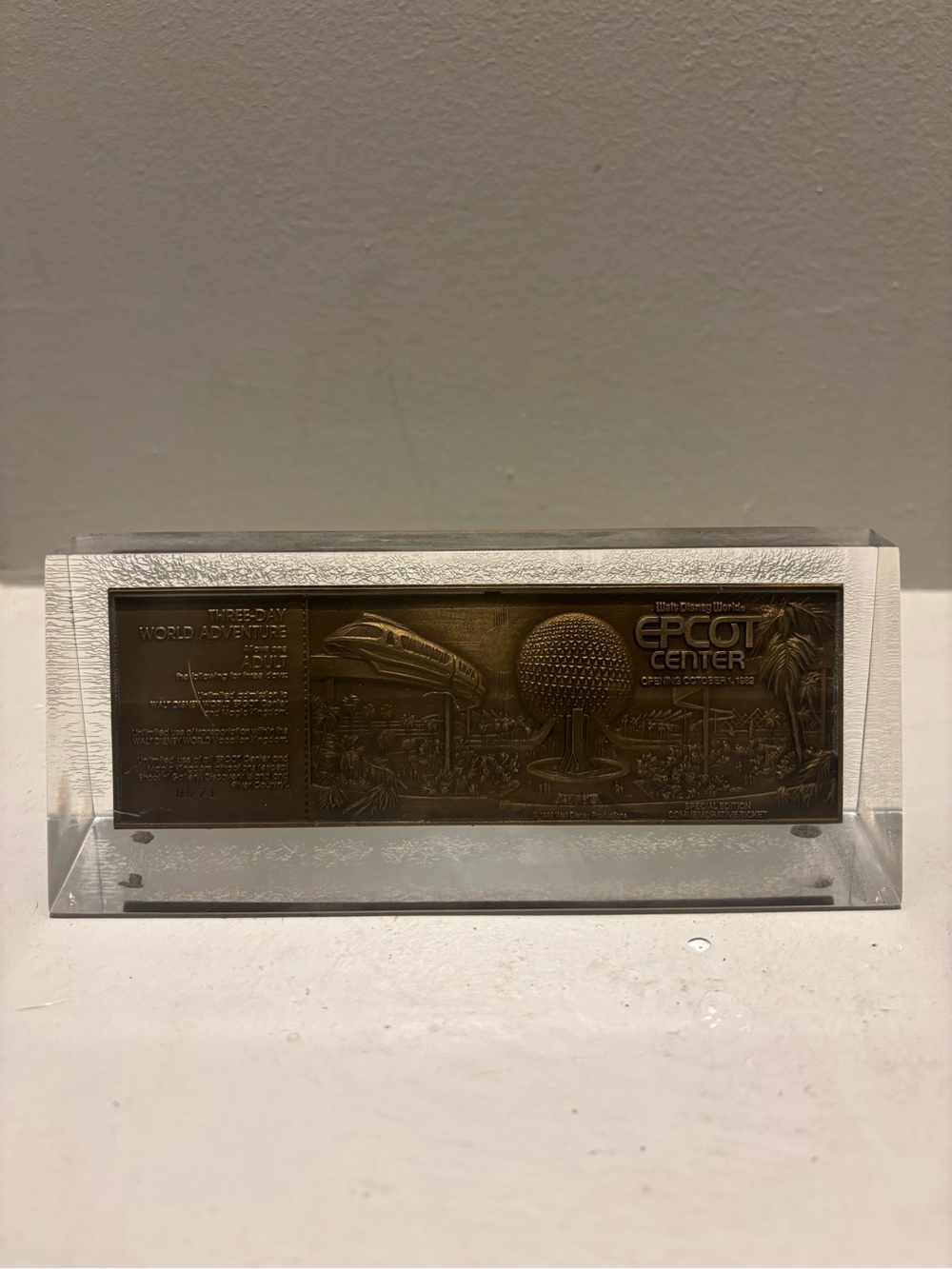 1980s Disney EPCOT Opening Day Limited  Commemmorative Ticket paperweight #0671